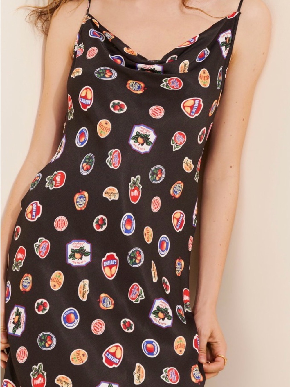 Maeve Black Cowl-Neck Slip Dress with Fruit Decal Print